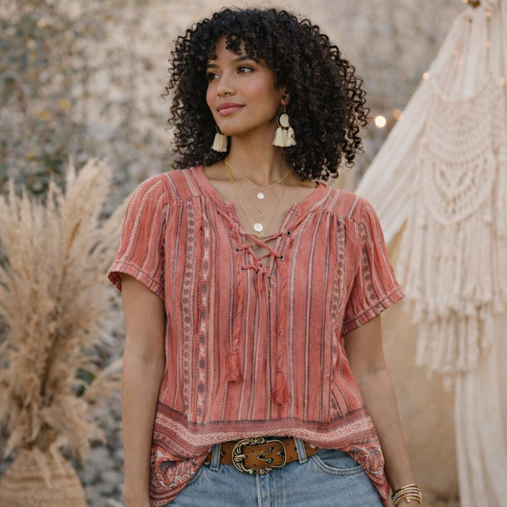St Johns Bay Red Boho Lace up with Red Tassles Blouse Size PS